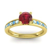 Ruby Ring In 14k Yellow Gold With Aquamarine And Swiss Blue Topaz Asada-Pave Round Classic Ring