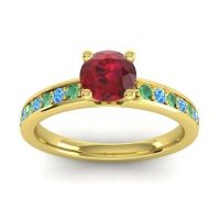 Ruby Ring In 18k Yellow Gold With Emerald And Swiss Blue Topaz Asada-Pave Round Classic Ring