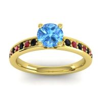 Swiss Blue Topaz Ring In 18k Yellow Gold With Black Onyx And Ruby Asada-Pave Round Classic Ring