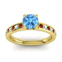 Swiss Blue Topaz Ring In 18k Yellow Gold With Garnet And Aquamarine Asada-Pave Round Classic Ring