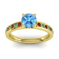 Swiss Blue Topaz Ring In 18k Yellow Gold With Garnet And Emerald Asada-Pave Round Classic Ring