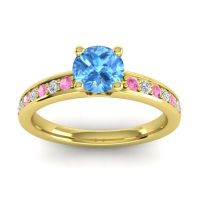 Swiss Blue Topaz Ring In 18k Yellow Gold With Pink Tourmaline And Lab Diamond Asada-Pave Round Classic Ring