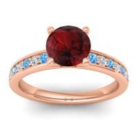 Garnet Ring In 18K Rose Gold With Swiss Blue Topaz And Lab Diamond Asada-7 Round Classic Ring