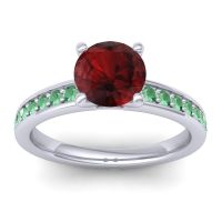 Garnet Ring In 14k White Gold With Emerald Asada-7 Round Classic Ring