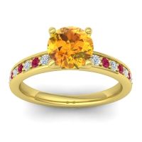 Citrine Ring In 14k Yellow Gold With Lab Diamond And Ruby Asada-7 Round Classic Ring