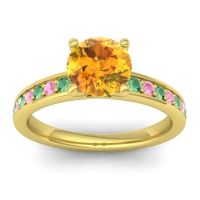 Citrine Ring In 14k Yellow Gold With Emerald And Pink Tourmaline Asada-7 Round Classic Ring