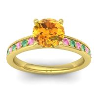 Citrine Ring In 14k Yellow Gold With Pink Tourmaline And Emerald Asada-7 Round Classic Ring