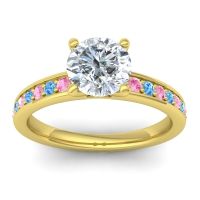 Diamond Ring In 14k Yellow Gold With Pink Tourmaline And Swiss Blue Topaz Asada-7 Round Classic Ring