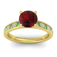 Garnet Ring In 14k Yellow Gold With Emerald And Lab Diamond Asada-7 Round Classic Ring