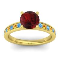 Garnet Ring In 18k Yellow Gold With Swiss Blue Topaz And Citrine Asada-7 Round Classic Ring