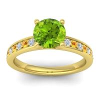 Peridot Ring In 14k Yellow Gold With Lab Diamond And Citrine Asada-7 Round Classic Ring