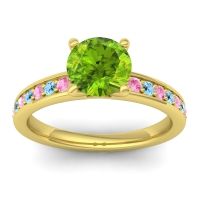 Peridot Ring In 14k Yellow Gold With Pink Tourmaline And Aquamarine Asada-7 Round Classic Ring
