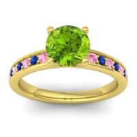 Peridot Ring In 14k Yellow Gold With Pink Tourmaline And Blue Sapphire Asada-7 Round Classic Ring