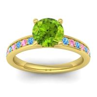 Peridot Ring In 14k Yellow Gold With Swiss Blue Topaz And Pink Tourmaline Asada-7 Round Classic Ring