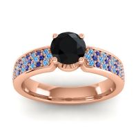 Black Onyx Ring In 14K Rose Gold With Swiss Blue Topaz And Blue Sapphire Bahala-6 Round Classic Ring