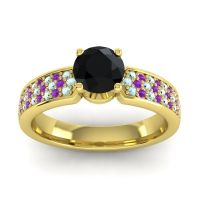 Black Onyx Ring In 14k Yellow Gold With Aquamarine And Amethyst Bahala-6 Round Classic Ring
