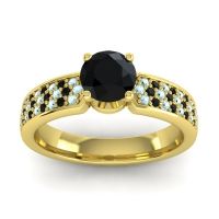 Black Onyx Ring In 14k Yellow Gold With Aquamarine Bahala-6 Round Classic Ring