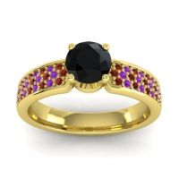 Black Onyx Ring In 14k Yellow Gold With Garnet And Amethyst Bahala-6 Round Classic Ring