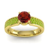 Garnet Ring In 14k Yellow Gold With Peridot Bahala-6 Round Classic Ring