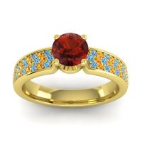 Garnet Ring In 14k Yellow Gold With Swiss Blue Topaz And Citrine Bahala-6 Round Classic Ring