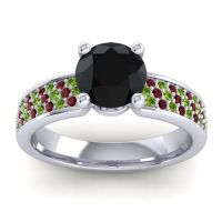 Black Onyx Ring In 14k White Gold With Peridot And Garnet Bahala-7 Round Classic Ring