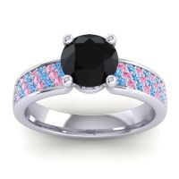 Black Onyx Ring In 14k White Gold With Swiss Blue Topaz And Pink Tourmaline Bahala-7 Round Classic Ring