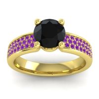 Black Onyx Ring In 14k Yellow Gold With Amethyst Bahala-7 Round Classic Ring