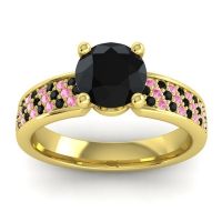 Black Onyx Ring In 14k Yellow Gold With Pink Tourmaline Bahala-7 Round Classic Ring