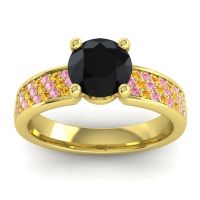 Black Onyx Ring In 14k Yellow Gold With Pink Tourmaline And Citrine Bahala-7 Round Classic Ring