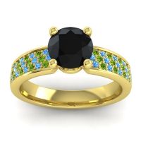 Black Onyx Ring In 14k Yellow Gold With Swiss Blue Topaz And Peridot Bahala-7 Round Classic Ring