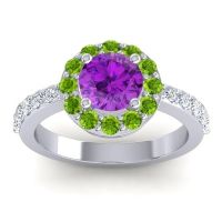 Amethyst Engagement Ring In 14k White Gold With Peridot And Diamond - Zarava Round Halo Ring