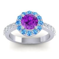 Amethyst Engagement Ring In 14k White Gold With Swiss Blue Topaz And Diamond - Zarava Round Halo Ring