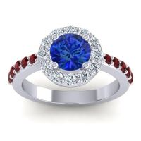 Lab Blue Sapphire Ring In 14k White Gold With Lab Diamond And Garnet Zarava Round Halo Ring