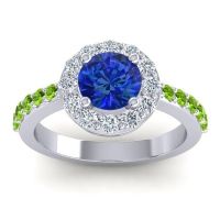 Lab Blue Sapphire Ring In 14k White Gold With Lab Diamond And Peridot Zarava Round Halo Ring
