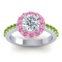 Lab Diamond Ring In 14k White Gold With Pink Tourmaline And Peridot Zarava Round Halo Ring