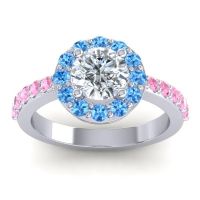 Lab Diamond Ring In 14k White Gold With Swiss Blue Topaz And Pink Tourmaline Zarava Round Halo Ring