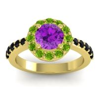Amethyst Ring In 14k Yellow Gold With Peridot And Black Onyx Zarava Round Halo Ring