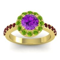 Amethyst Ring In 14k Yellow Gold With Peridot And Garnet Zarava Round Halo Ring