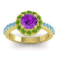 Amethyst Ring In 14k Yellow Gold With Peridot And Swiss Blue Topaz Zarava Round Halo Ring