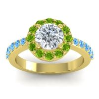 Lab Diamond Ring In 14k Yellow Gold With Peridot And Swiss Blue Topaz Zarava Round Halo Ring