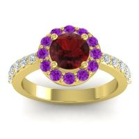 Garnet Engagement Ring In 18k Yellow Gold With Amethyst And Diamond - Zarava Round Halo Ring