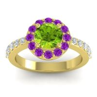 Peridot Engagement Ring In 14k Yellow Gold With Amethyst And Diamond - Zarava Round Halo Ring