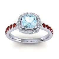 Aquamarine Ring In 14k White Gold With Lab Diamond And Garnet Zayya-6mm Cushion Halo Ring