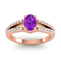 Amethyst Ring In 18K Rose Gold With Aquamarine And Lab Diamond Bhava-7x5 Oval Modern Ring