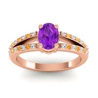 Amethyst Ring In 14K Rose Gold With Diamond And Citrine Bhava-7x5 Oval Modern Ring