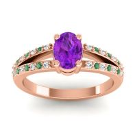 Amethyst Ring In 18K Rose Gold With Lab Diamond And Emerald Bhava-7x5 Oval Modern Ring