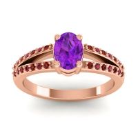 Amethyst Ring In 14K Rose Gold With Garnet And Ruby Bhava-7x5 Oval Modern Ring