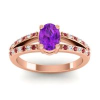 Amethyst Engagement Ring In 14K Rose Gold With Ruby And Diamond - Bhava-7x5 Oval Modern Ring