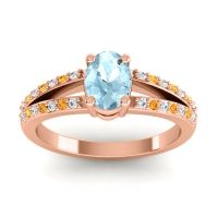 Aquamarine Ring In 14K Rose Gold With Diamond And Citrine Bhava-7x5 Oval Modern Ring