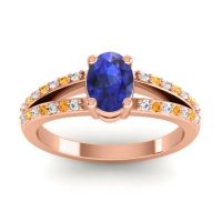 Lab Blue Sapphire Ring In 14K Rose Gold With Diamond And Citrine Bhava-7x5 Oval Modern Ring